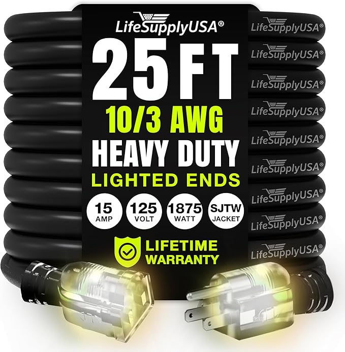 25ft Outdoor/Indoor Extension Cord 10/3 Gauge Ultra Heavy Duty 3 Prong SJTW by LifeSupplyUSA