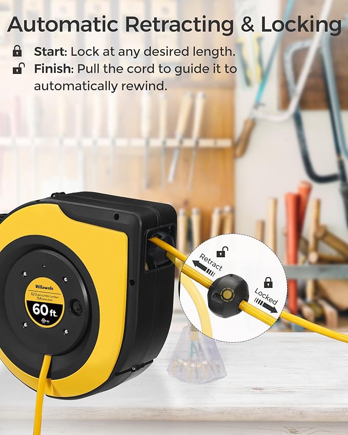 Retractable Cord Reel, 60 FT Heavy Duty Extension Cord, 12AWG/3C SJTOW - Image 4