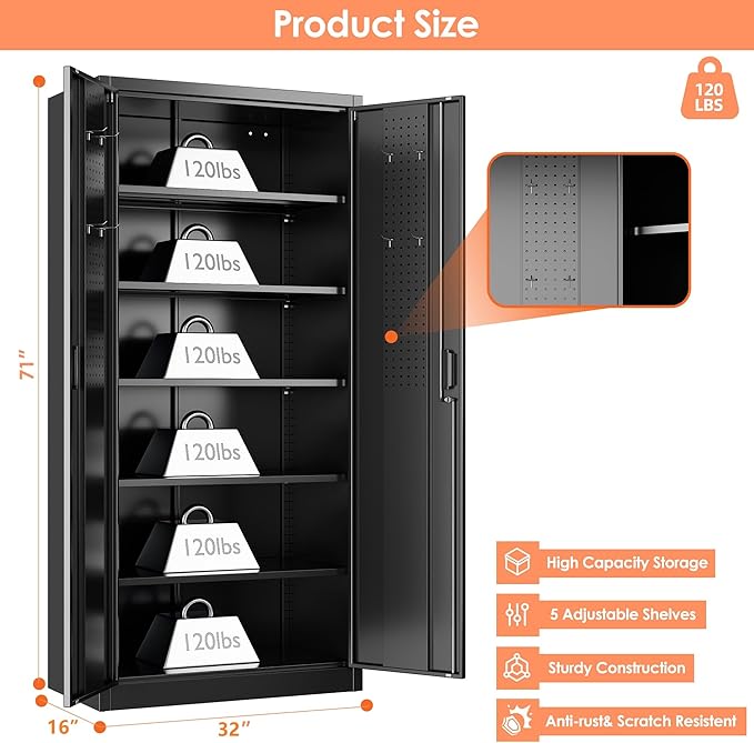 Metal Storage Cabinet with 5 Adjustable Shelves and Pegboard, Lockable File - Image 3