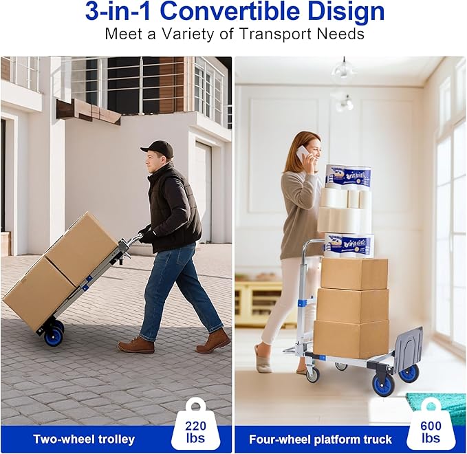 Upgraded 3 in 1 Aluminum Folding Hand Truck, 600lbs Capacity, Heavy Duty - Image 3