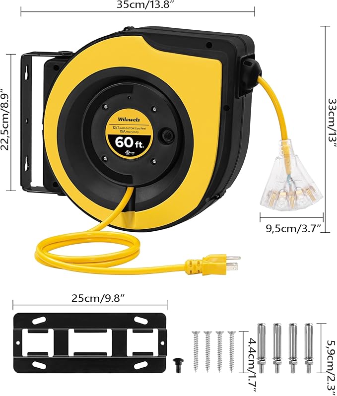 Retractable Cord Reel, 60 FT Heavy Duty Extension Cord, 12AWG/3C SJTOW - Image 7