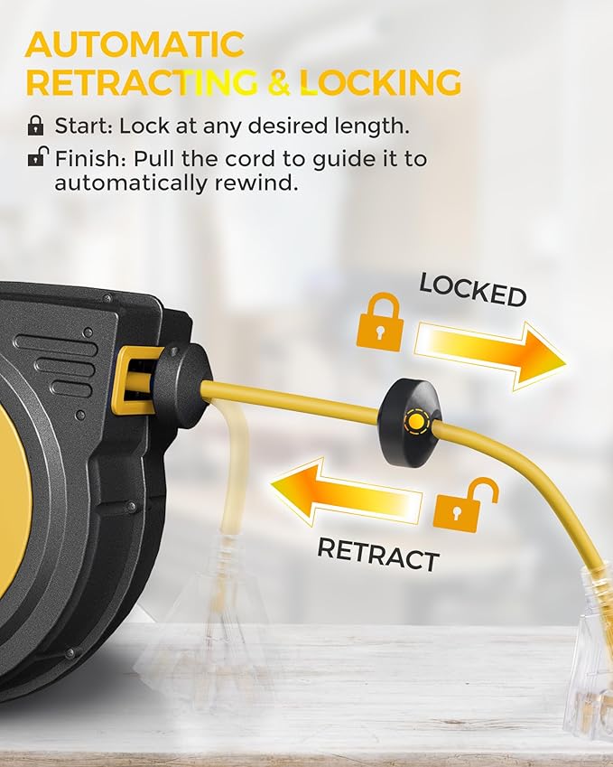 45 FT Retractable Extension Cord Reel, Heavy Duty Power Cord, 12AWG/3C SJTOW - Image 4