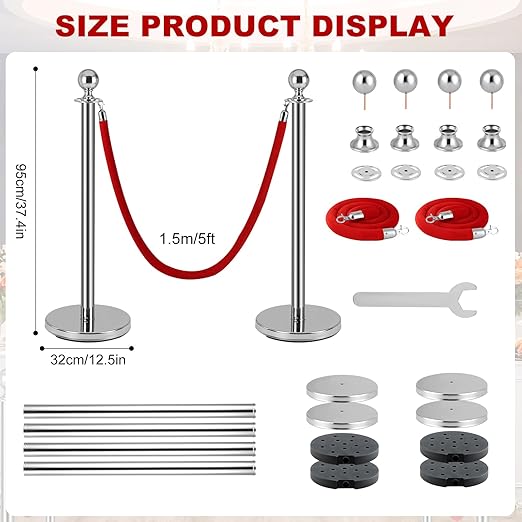 4 PCS Stainless Steel Stanchion Post, 5Ft Red Velvet Rope, Hollow Base and - Image 2