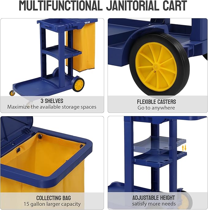 TUFFIOM Commercial Traditional Cleaning 3-Shelf Janitorial Cart, 500 Lbs - Image 6