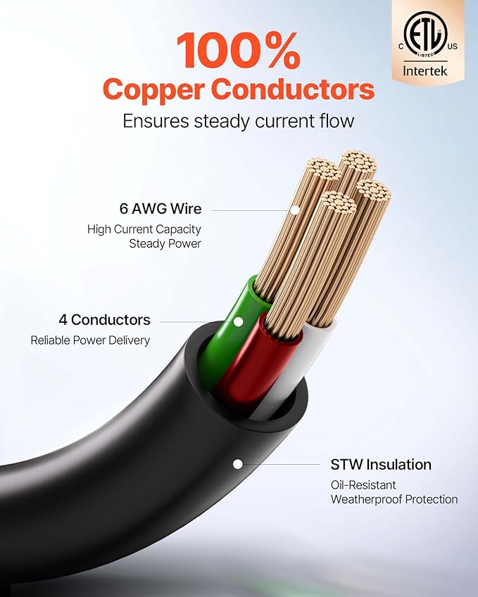 VEVOR 100 FT RV Extension Cord, 50 Amp, 125V 7500W Heavy Duty STW 6/3 + 8/1 - Image 4