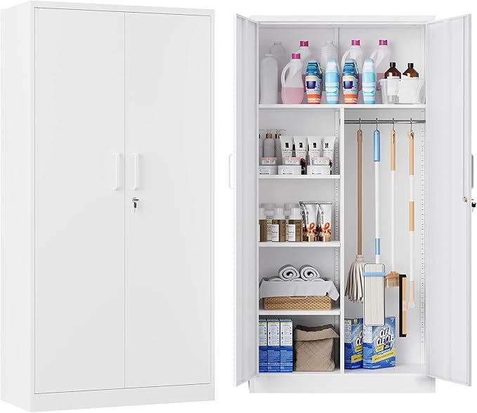 Broom Closet with Lock, Metal Storage Cabinet 36" Wide, 5-Tier Steel Utility by LISSIMO