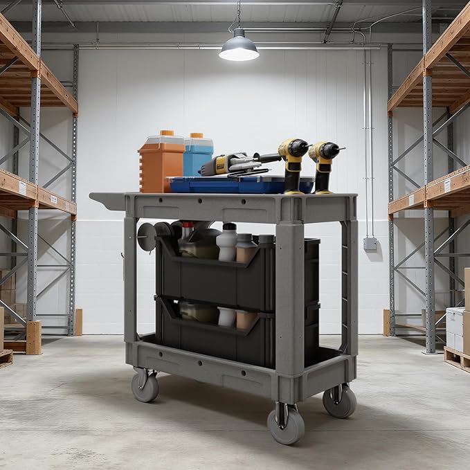 2-Tier Rolling Tool Cart, Heavy-Duty Plastic Service Cart - Image 7