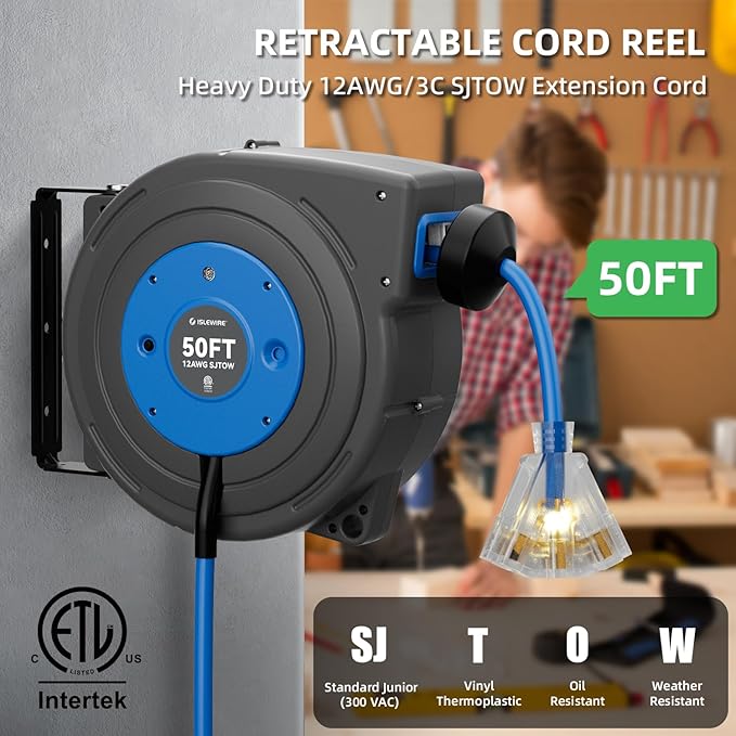 50 FT Retractable Extension Cord Reel, Heavy Duty 12AWG/3C SJTOW Power Cord - Image 2