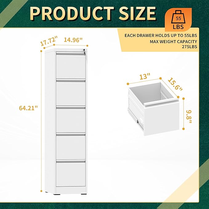 5 Drawer File Cabinet with Lock, Steel Vertical Filing Storage Cabinet - Image 3
