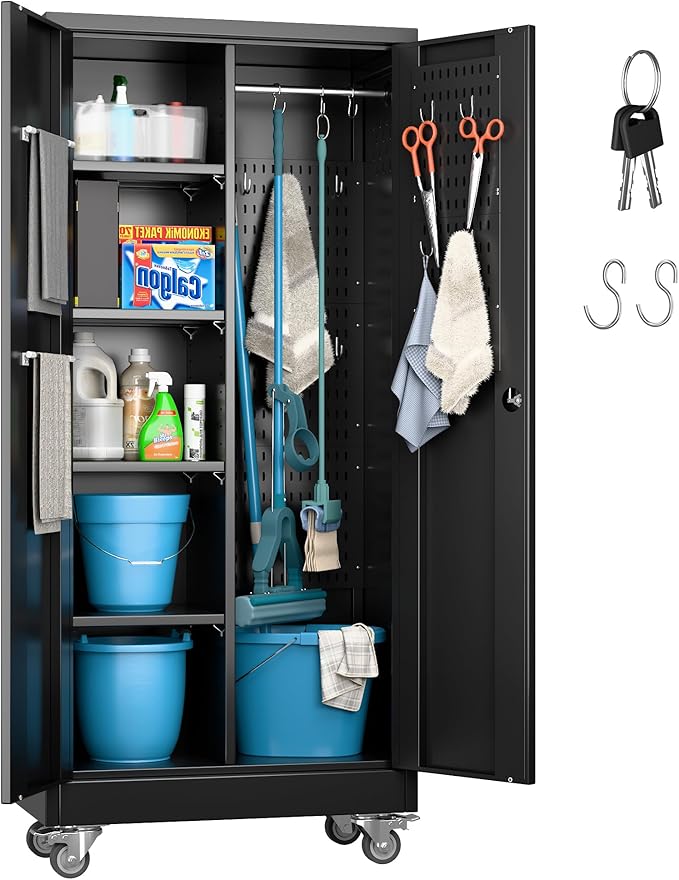 Garage Storage Cabinet with Wheels and 5 Pegboard, Broom Closet Storage Cabinet by GANGMEIMENTALSTORAGECABINET
