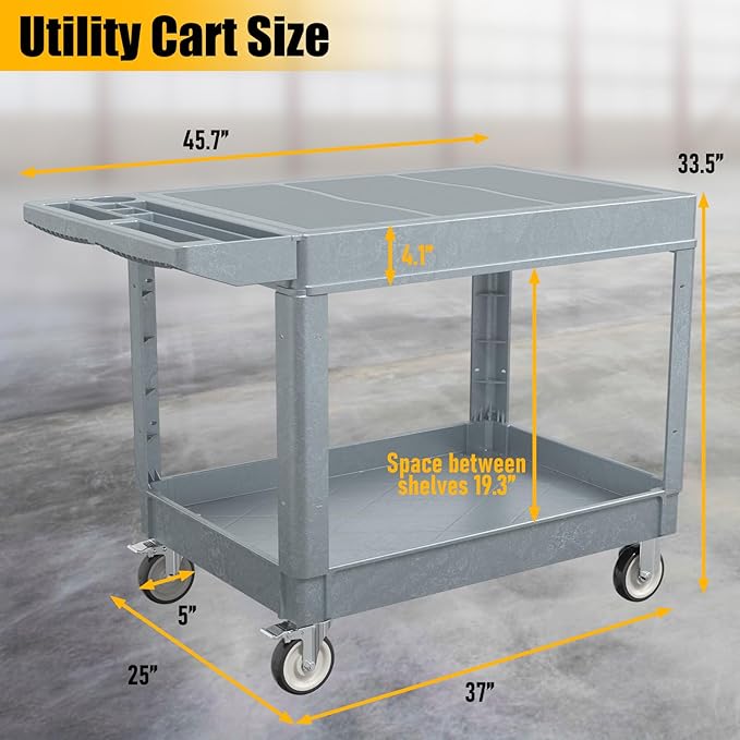 2 Tier Rolling Utility Cart on Wheels, 550 lbs Capacity Flat Top Plastic - Image 7