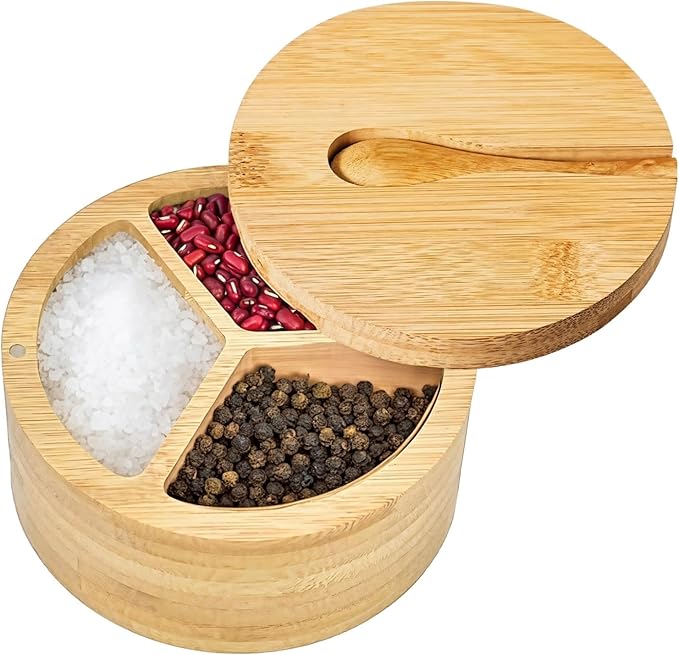 3-Compartment Wooden Salt and Pepper Box, Spice Condiment Holder by Unknown
