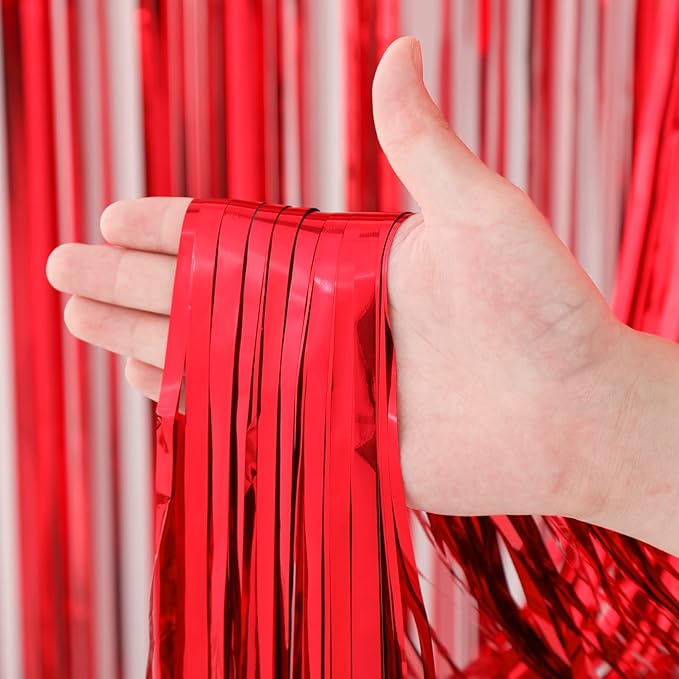 3 Pack 3.3x8.2 Feet Red Foil Fringe Backdrop Curtains, Tinsel Streamers - Image 2