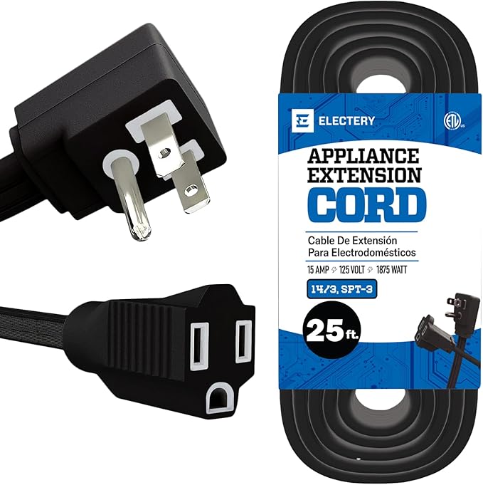 25 ft Heavy Duty Appliance Extension Cord, 14 AWG, 15A 125V 1875W, 3 Prong Flat by ELECTERY