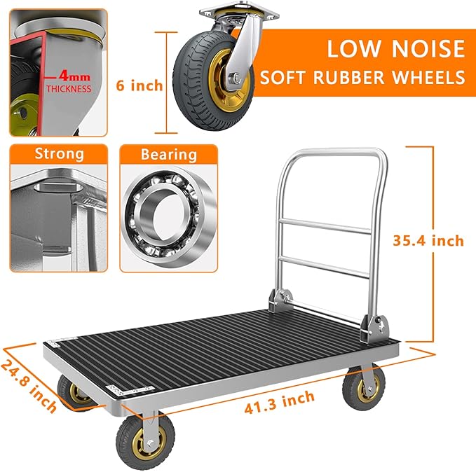 Platform Truck Cart, Foldable Push Cart Dolly Large Flatbed w/Rubber Mat and - Image 4