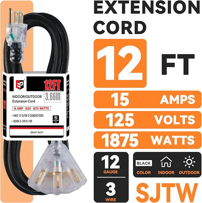 EP 12 Ft 12 Gauge Heavy Duty Extension Cord, 15A 125V 1875W, 3 Outlet - Image 2
