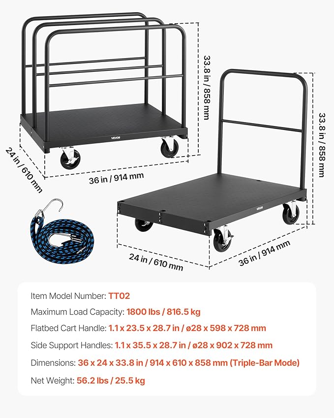 VEVOR Drywall Cart Dolly, 1800 lbs Load Capacity, 2-in-1 Steel Panel Truck Cart - Image 7