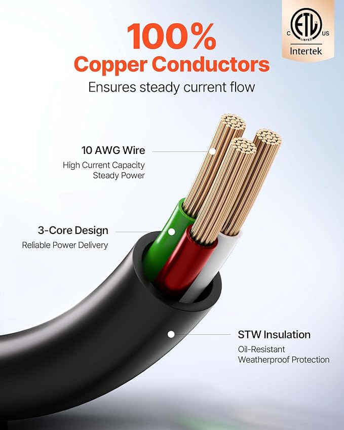 VEVOR 75 FT RV Extension Cord, 30 Amp, 125V 2500W Heavy Duty STW 10/3 Gauge Wire - Image 4