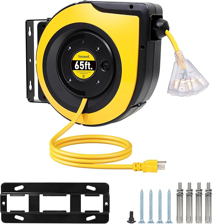 65FT Retractable Extension Cord Reel, 12AWG/3C SJTOW Heavy Duty Power Cord by treewell
