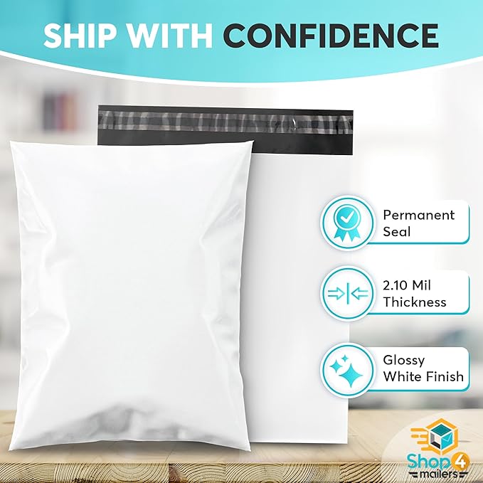 Shop4Mailers Glossy White Plastic Self Seal Poly Mailer Flat Bags Waterproof - Image 2