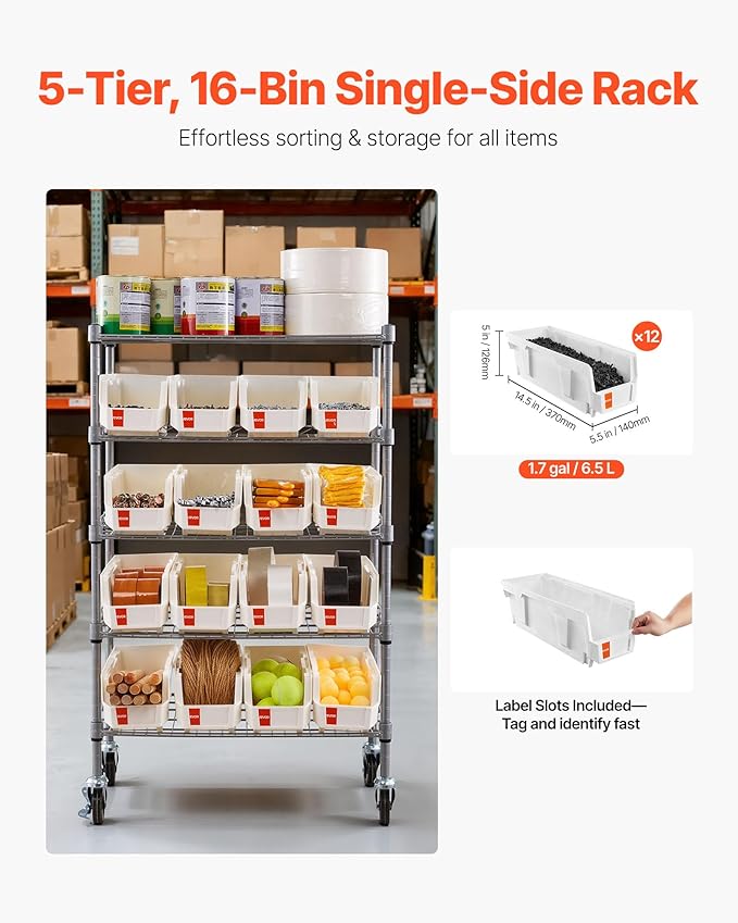 VEVOR 5-Tier Rolling Bin Storage Rack, 16 Organizer Bins, Bin Rack Storage - Image 2