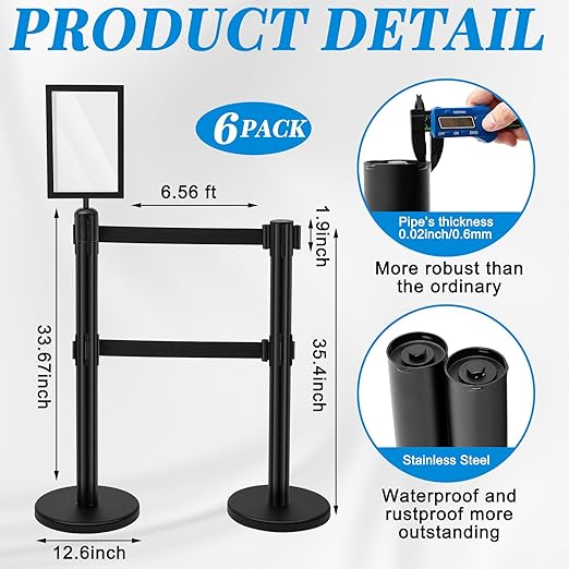 Geelin 6 Pack 6.6ft Heavy Duty Crowd Control Stanchions Stainless Steel - Image 3