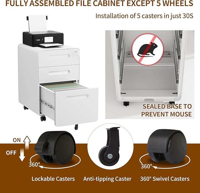 3 Drawer File Cabinet with Lock and 4 Keys, Mobile Metal Filing Cabinet - Image 9