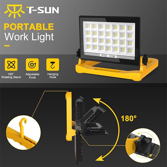 T-SUN LED Work Light with Stand, 60W 6000K LED Flood Light Outdoor with 13FT - Image 2