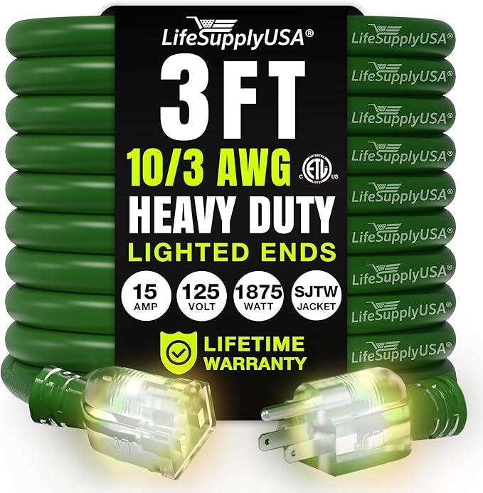 3ft Outdoor/Indoor Extension Cord 10/3 Gauge Ultra Heavy Duty 3 Prong SJTW by LifeSupplyUSA
