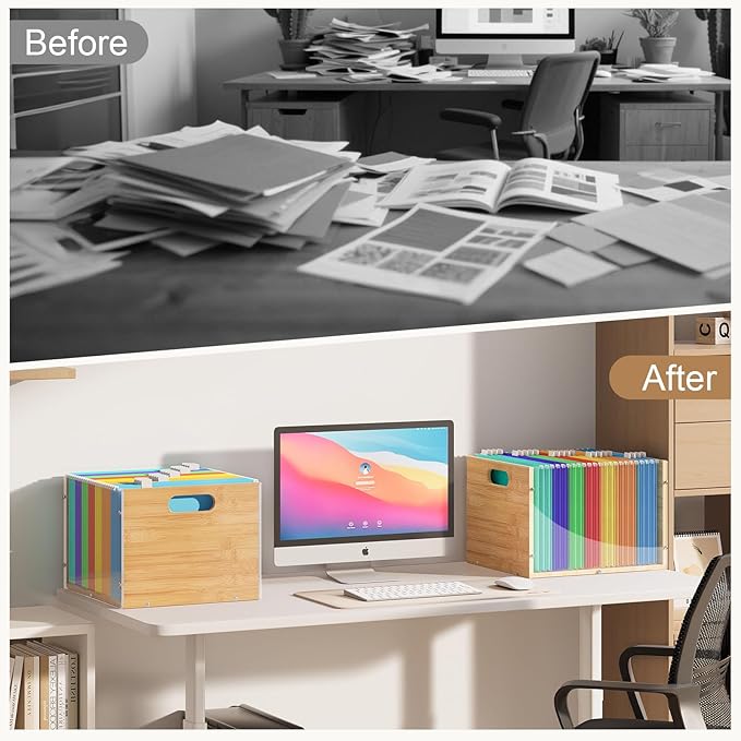2 Pack Hanging File Organizer, Bamboo Filing Box File Crate Storage Boxes - Image 4