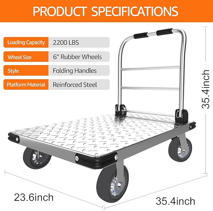 2200 lbs. Capacity Foldable Push Cart Dolly | Moving Platform Hand Truck | - Image 3