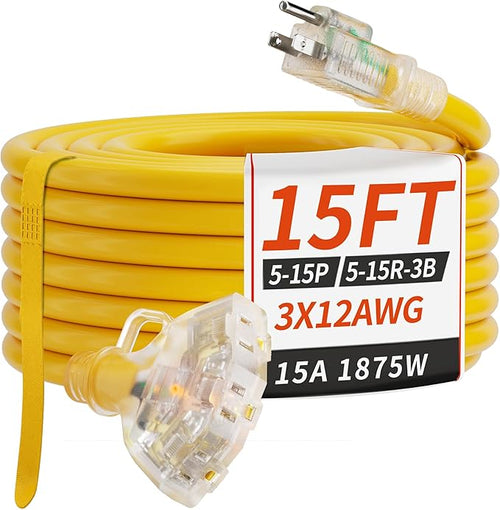 15 FT 12/3 Gauge Outdoor Extension Cord by PlugSaf