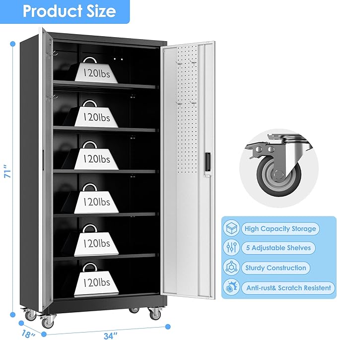 Garage Storage Cabinet with Wheels & Pegboard, Lockable Metal Storage Cabinet - Image 3