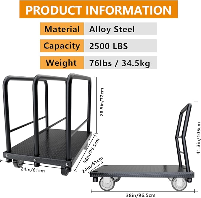 2in1 Panel Cart, Drywall Cart Platform Trucks 2500 lbs Capacity Lumber Cart - Image 6
