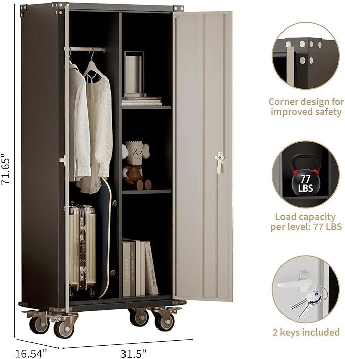Metal Storage Cabinet with Lock-71 Tall Tool Organizer Steel Lockers w/Hanging - Image 2
