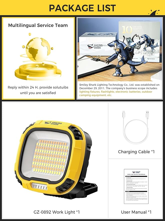 Smiling Shark Working Lights, 7500mAh Rechargeable LED Work Light 4000 Lumen 18 - Image 6