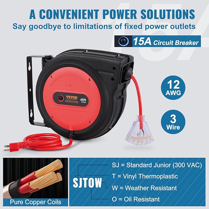VEVOR Retractable Extension Cord Reel, 65 FT, Heavy Duty 12AWG/3C SJTOW - Image 4