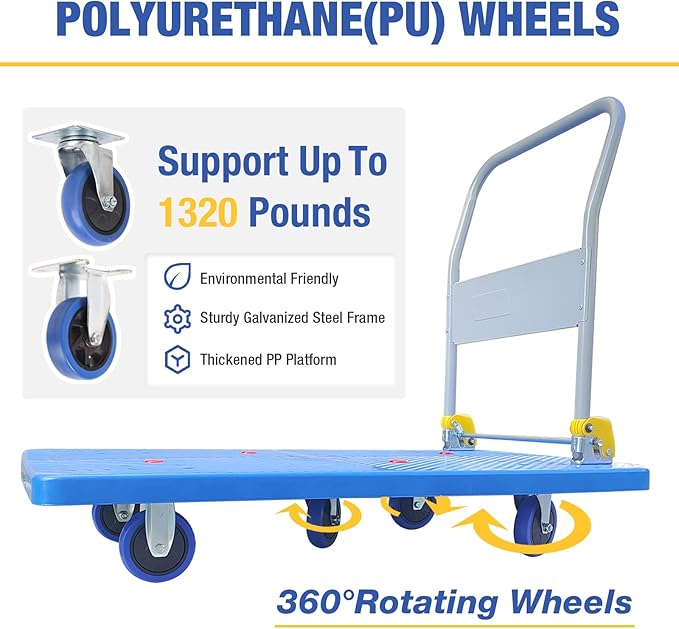 Flatbed Cart, Heavy Duty 1320lbs Capacity Platform Hand Truck 360 Degree Swivel - Image 4