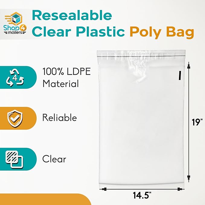 Shop4Mailers 14.5 x 19 Clear Plastic Poly Bags 1.5 Mil Self Seal Packaging - Image 2