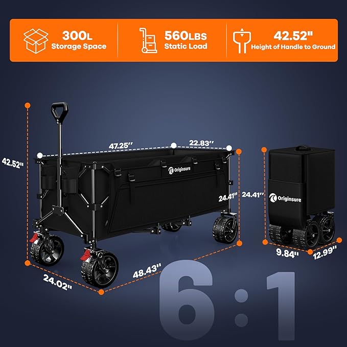 48" L Collapsible Wagon Cart Foldable, 560lbs Weight Capacity 300L Heavy Duty - Image 2