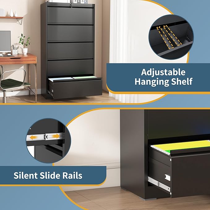 5 Drawer File Cabinet with Lock, Lateral Filing Cabinets, Metal Storage Filing - Image 6