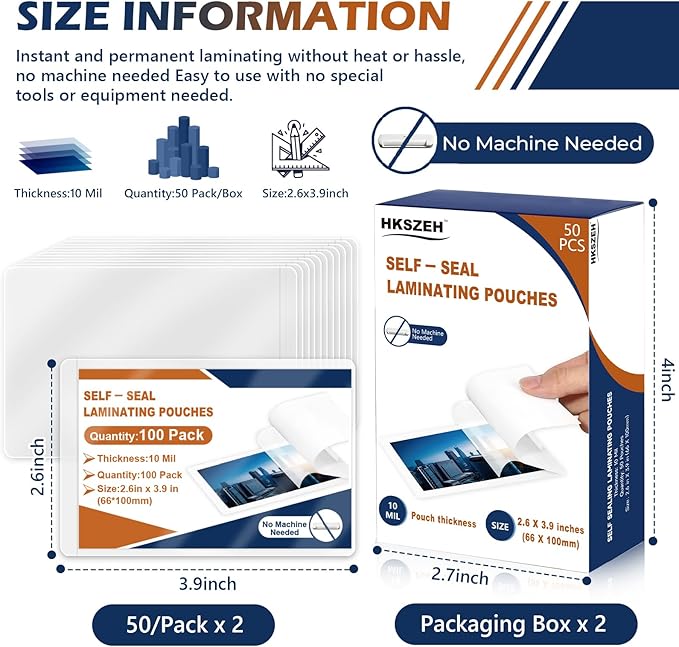 100 Pack 10 Mil 2.6"x3.9" Self Sealing Laminating Pouches Plastic Laminating - Image 2