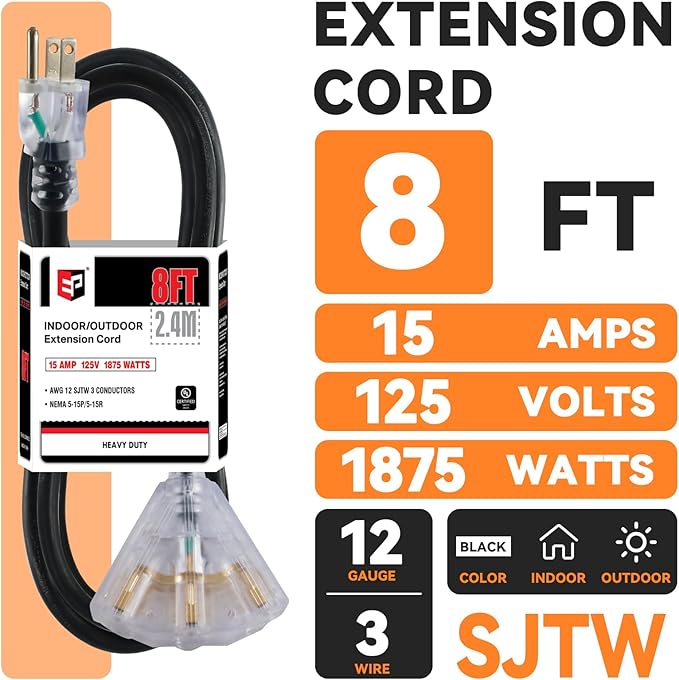 EP 8 Ft 12 Gauge Heavy Duty Extension Cord, 15A 125V 1875W, 3 Outlet - Image 2