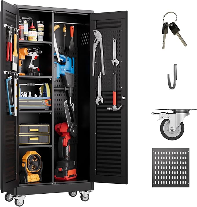 Garage Storage Cabinet with Wheels and 4 Shelves, Metal Broom Closet Storage by GANGMEIMENTALSTORAGECABINET