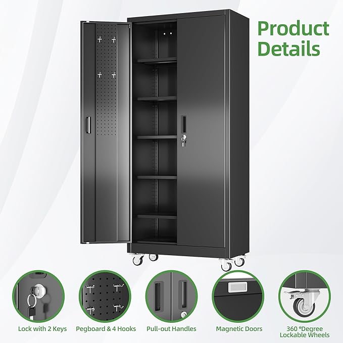Metal Storage Cabinet with Wheels and Pegboard, Assembly Required - Image 4