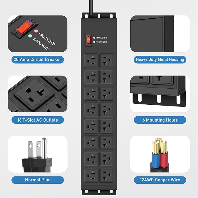JUNNUJ Heavy Duty 20 Amp Power Strip 4800J, 16 Outlets 12 Gauge Garage - Image 2