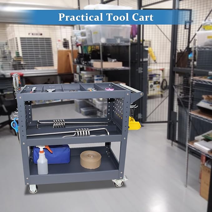 3 Tier Rolling Tool Cart with 6 Dividers, Mesh Panels & Screwdriver Shelf - Image 8