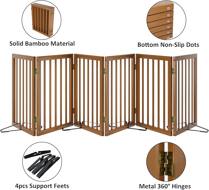 Freestanding Pet Gate Foldable Dog Gate Walnut Bamboo Dog Gates - Image 5