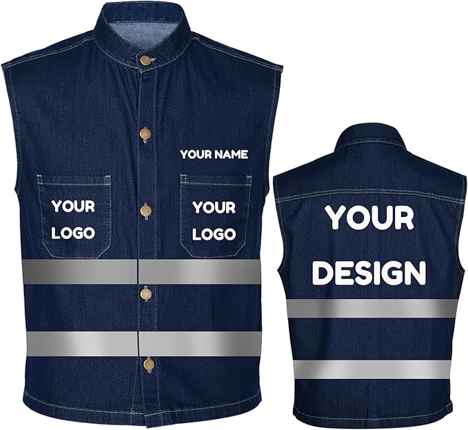 YOWESHOP Men's Reflective Safety Denim Vest，Custom Safety Outdoor Denim Work by YOWESHOP