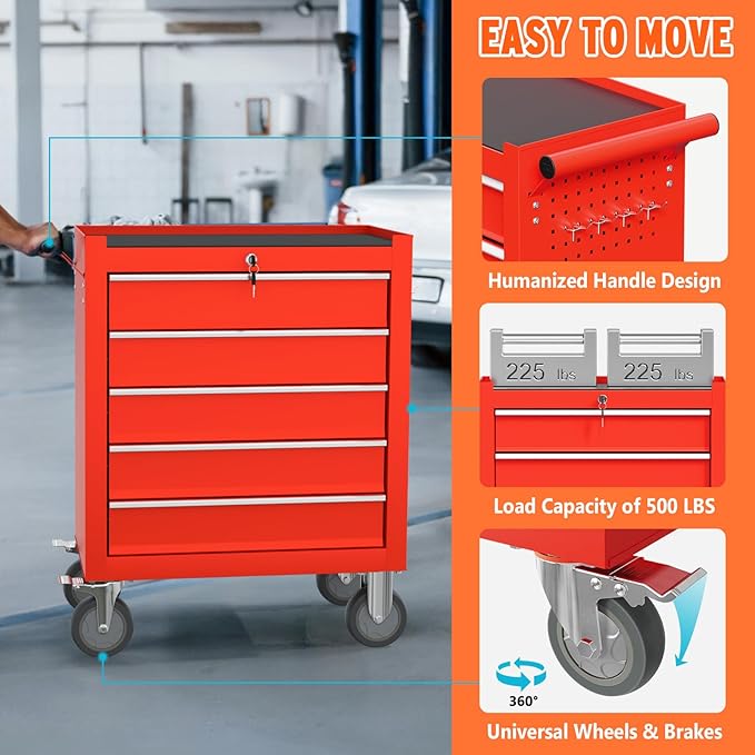 5 Drawers Rolling Tool Chest, Large Capacity Metal Tool Box - Image 7